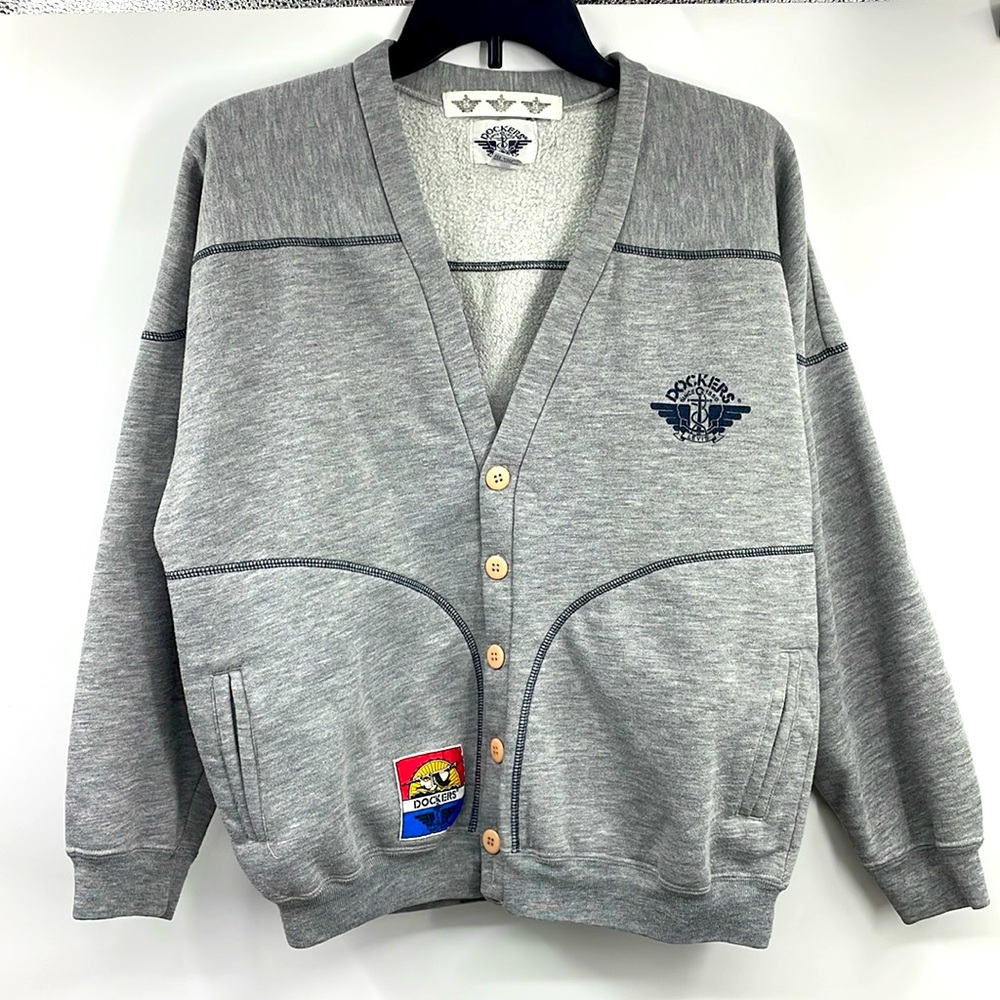 Vintage Dockers Levi’s gray patch sweatshirt cardigan Size tagged XL 20
